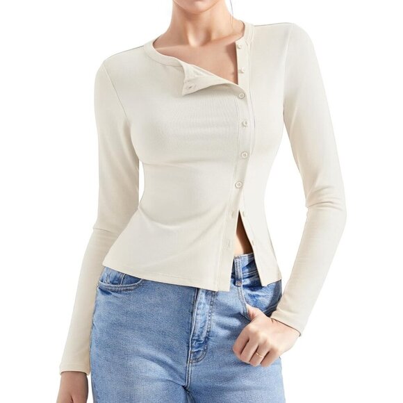 Tops - Women's Cream White Ribbed Tops Long Sleeve Going Out Fitted Button Down Shirt